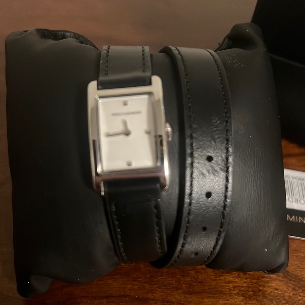 New Rebecca Minkoff Women's Moment Black Double Wrap Leather Strap Watch new box